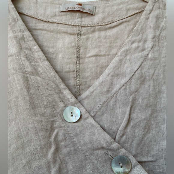 LANDS DOWNUNDER Italian Linen Tan Asymmetrical Button Pocket Boxy Boho Top Small - Picture 2 of 8